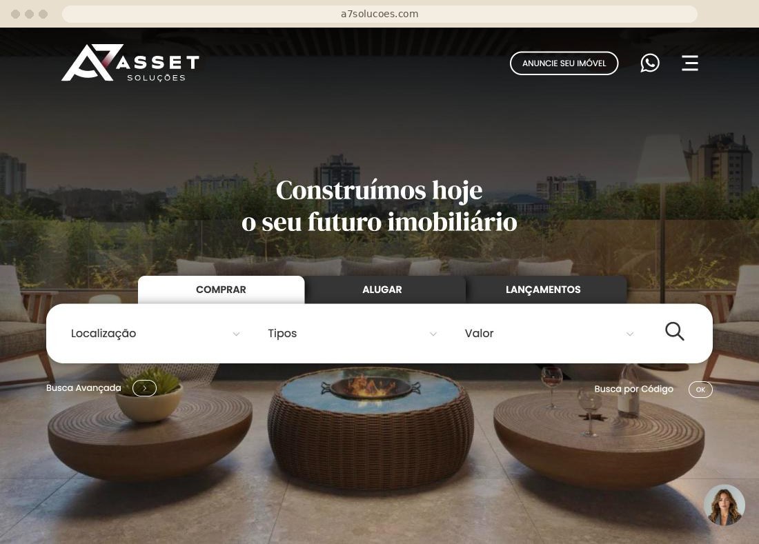 Página inicial do site da A7 Asset Soluções, com busca de imóveis para comprar, alugar e lançamentos