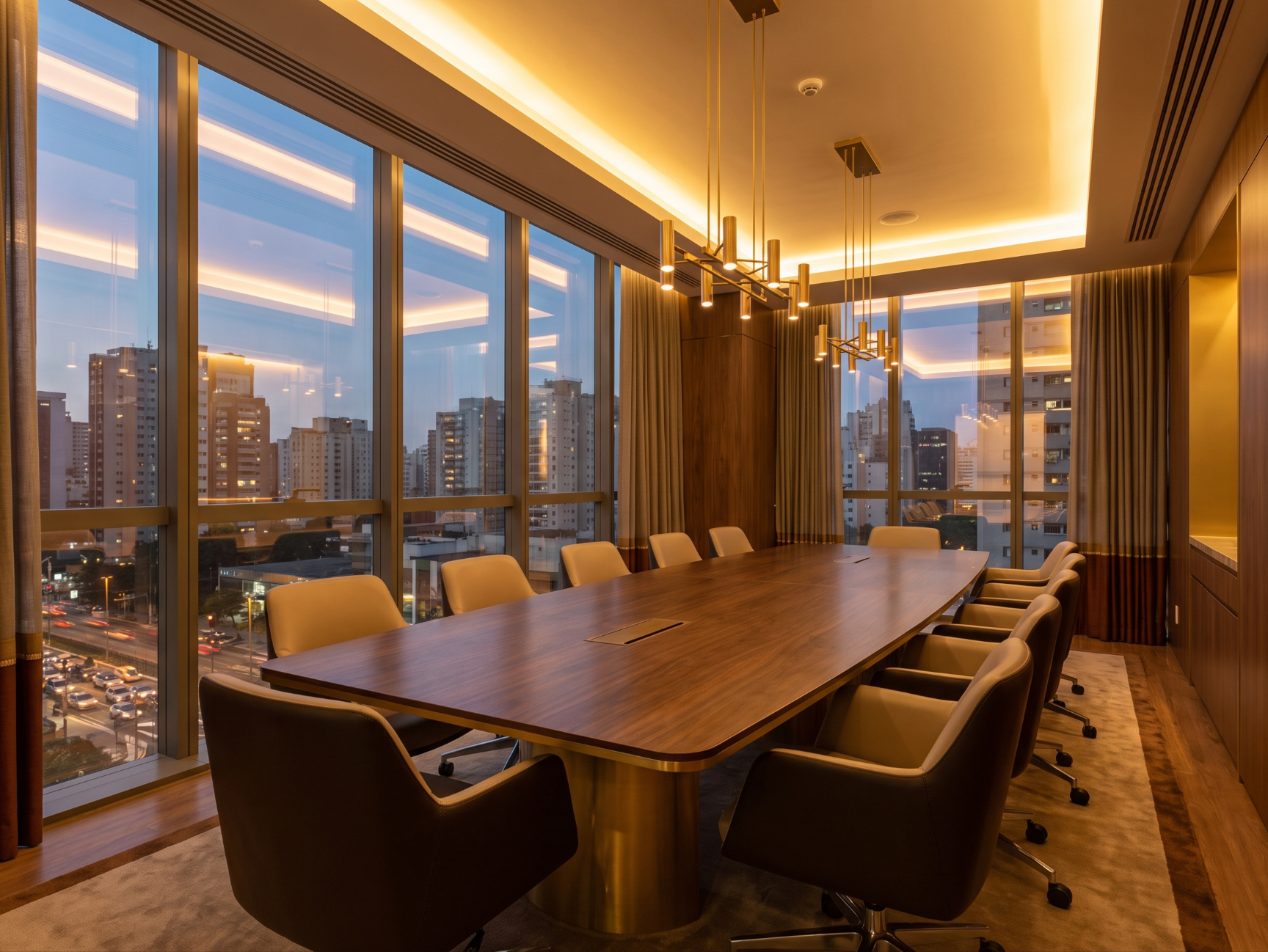 Sala de reunião executiva com vista da cidade ao entardecer