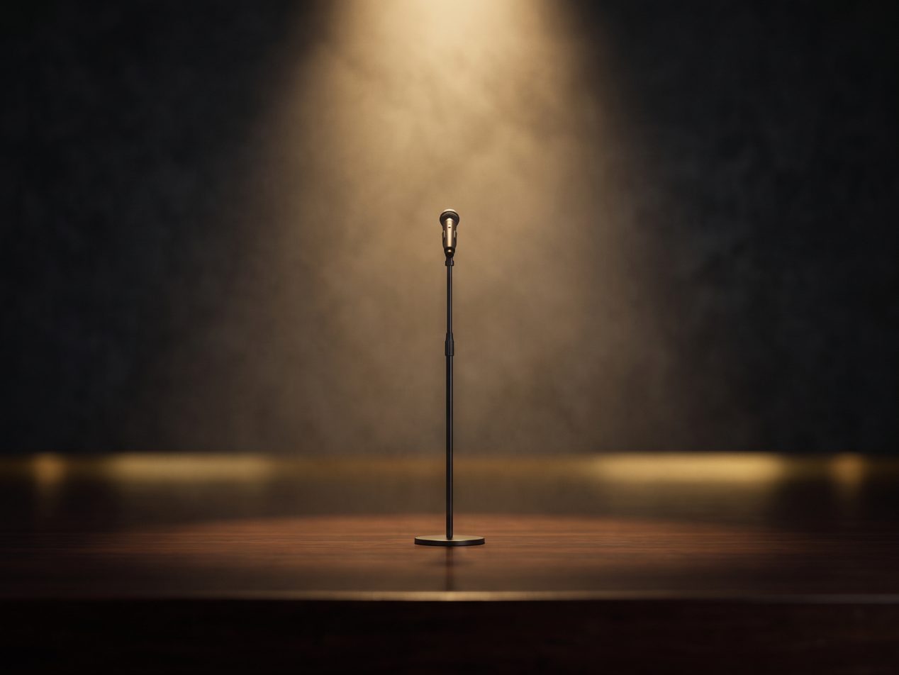 Microfone em um palco vazio sob luz dourada